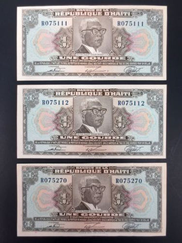 3 Haiti Banknotes Money, Consecutive Uncirculated, Papa Doc Duvalier Dictator