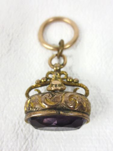 Antique 10k Gold Crown Shape Watch Fob Set with an 11 Carats Amethyst