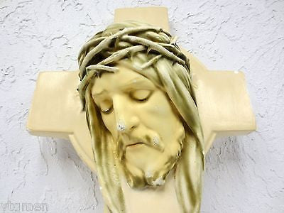 Vintage Plaster Crucifix, Jesus Christ Figure Eyes Closed, Signed, Closed Church