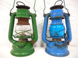 Vintage Kerosene Oil Lanterns Blue and Green 7", Winged Wheel No 350 Japan