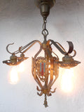 Vintage Masonic Temple 5 Lights Wrought Iron Chandelier 26" Montreal, Fleur Lys