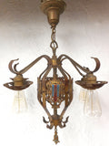 Vintage Masonic Temple 5 Lights Wrought Iron Chandelier 26" Montreal, Fleur Lys