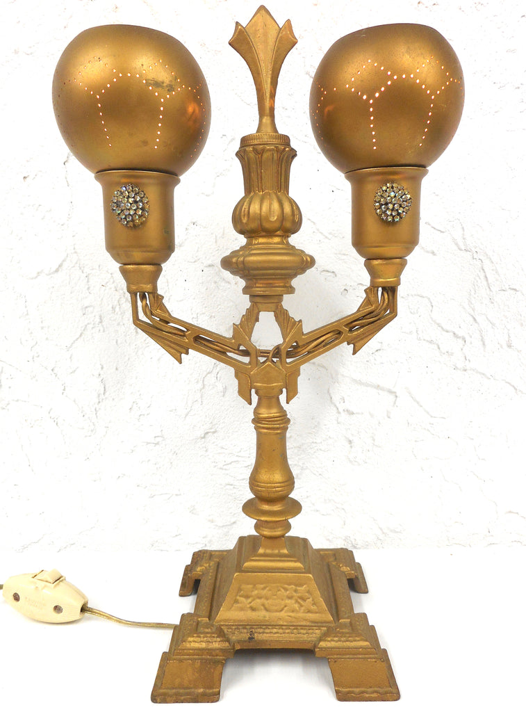 Antique Art Nouveau Gold Cast Iron Lamp 16" with 2 Metal Shades, Signed Elor 585