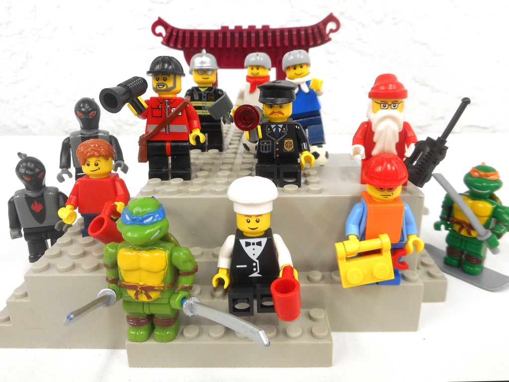 Lego Lot of 13 Minifigures and 17 Accessories, Ninja Turtles, Policeman, Cook, Worker, Skaters