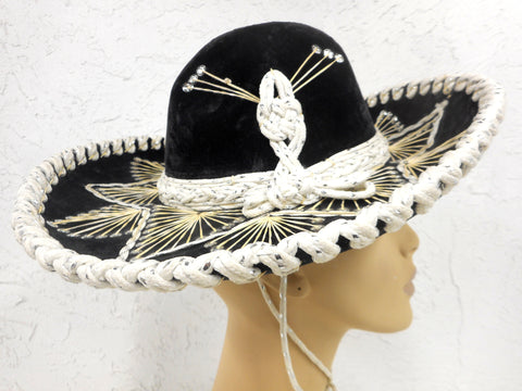 Vintage 15" Black Felt Sombrero Signed Pigalle, Kid Medium Hat Size 6 3/8" 51 cm 20 1/8", Mexican Mariachi Hat