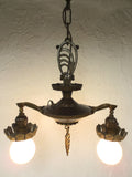 Vintage Art Deco 2 Lights Slip Shade Chandelier 16", Ceiling Fixture with Canopy