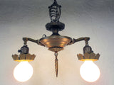 Vintage Art Deco 2 Lights Slip Shade Chandelier 16", Ceiling Fixture with Canopy