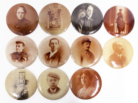 Lot of 11 Antique 1910 Photo Buttons, 6" Columbia Medallions Chicago