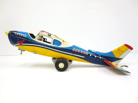 Vintage 15" Cessna 210 Tin Toy Wind-Up Airplane by Y Yonezawa Japan for Parts