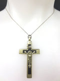 Antique Sterling Silver Priest's Crucifix Pendant 2 1/8" Long, Wood Inlay, 13gr