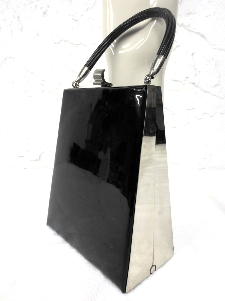 Vintage Triangular Rigid Handbag 12", Black & Chrome, Art Deco Style