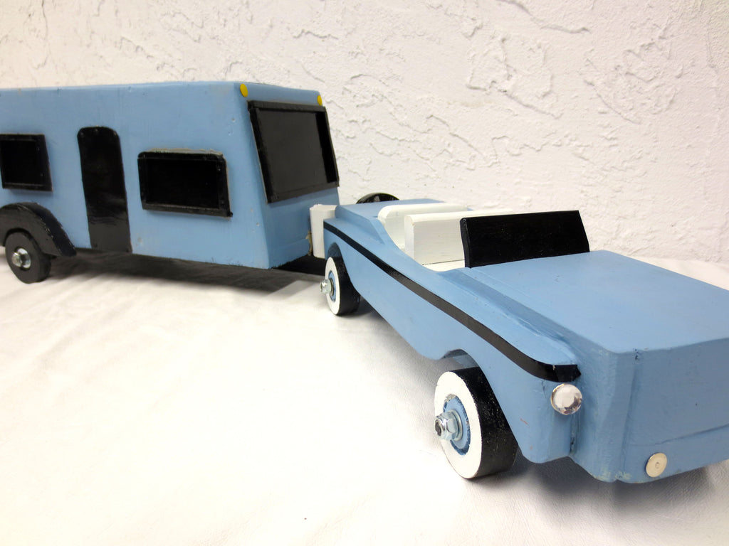 35" Long Vintage Wood Car and Camper Trailer Home, Folk Art Toy, Blue