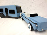 35" Long Vintage Wood Car and Camper Trailer Home, Folk Art Toy, Blue