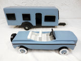 35" Long Vintage Wood Car and Camper Trailer Home, Folk Art Toy, Blue