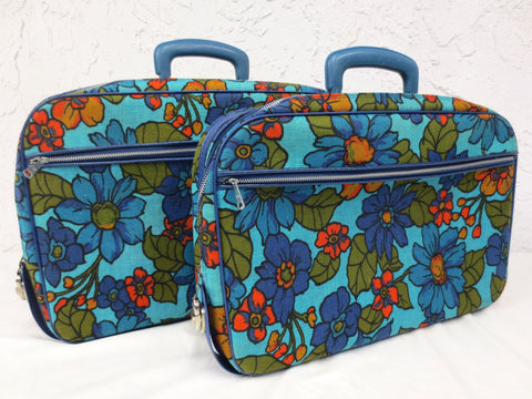 Pair of Vintage Suitcases made in Japan 18" X 12", Blue with Multicolored Flower