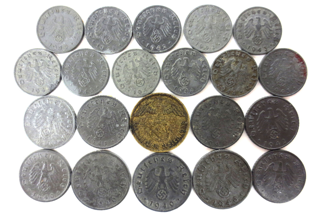 21 WWII Nazi Germany Coin Collection 1938 to 1944, 1, 5 and 10 Reichspfennig