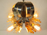 Vintage Mid Century Brutalist Chrome Ceiling Light Chandelier 26", Wood, Glass Flowers