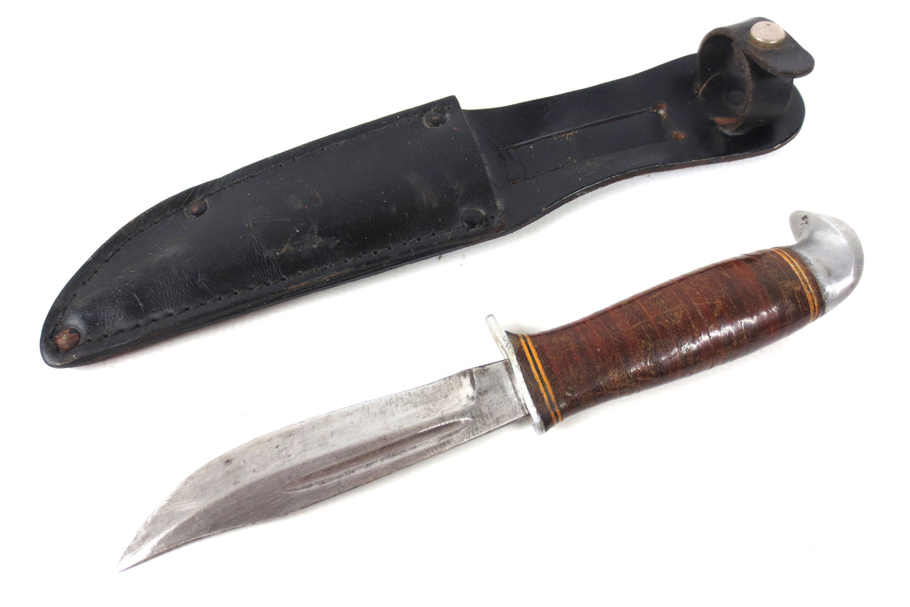 Vintage Hunting Knife 8.75" Long, Stacked Leather Handle, Aluminum Guard & Pommel