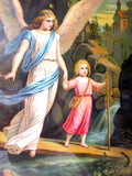 Antique Religious Chromolithograph, Angel Guiding Jesus through Forest, Snake