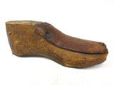 Antique Primitive Child Wood Shoe Form with Original Leather, Metal Sole Plate