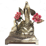 Antique Lourdes First Apparition Scene Music Box 7" Tall, Cast Iron w/ Porcelain Roses