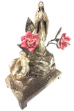 Antique Lourdes First Apparition Scene Music Box 7" Tall, Cast Iron w/ Porcelain Roses