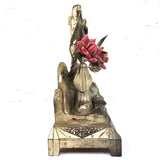 Antique Lourdes First Apparition Scene Music Box 7" Tall, Cast Iron w/ Porcelain Roses