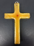 Vintage Catholic Cross Pendant Translucent Acrylic with Dried Flowers Honey Tint