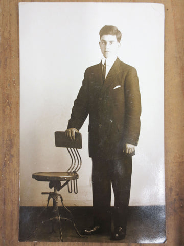 Antique 1915 Photo Postcard, Young Man Standing, Great Industrial Swivel Chair