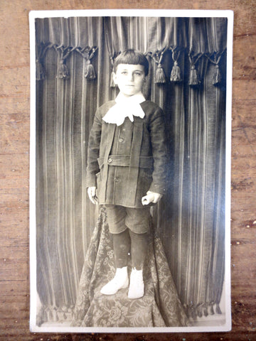 Antique 1920's Photo Postcard Serious Young Man Stage Curtains, Montreal, Canada