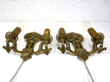 Antique Art Nouveau 1920's Brass Wall Sconce Double Light Holders, Fleur de Lys