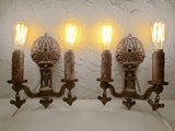 Antique Art Nouveau 1920's Brass Wall Sconce Double Light Holders, Fleur de Lys