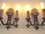 Antique Art Nouveau 1920's Brass Wall Sconce Double Light Holders, Fleur de Lys