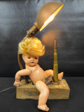 WWIII Steampunk Trump Art Gooseneck Lamp 10X17", Wood Plane, Brass Shell, Doll