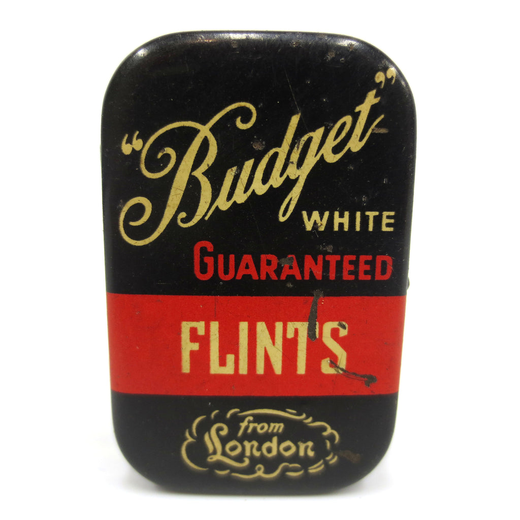 Vintage Lighter Flints Tin Metal Box, Budget White from London, Black and Red