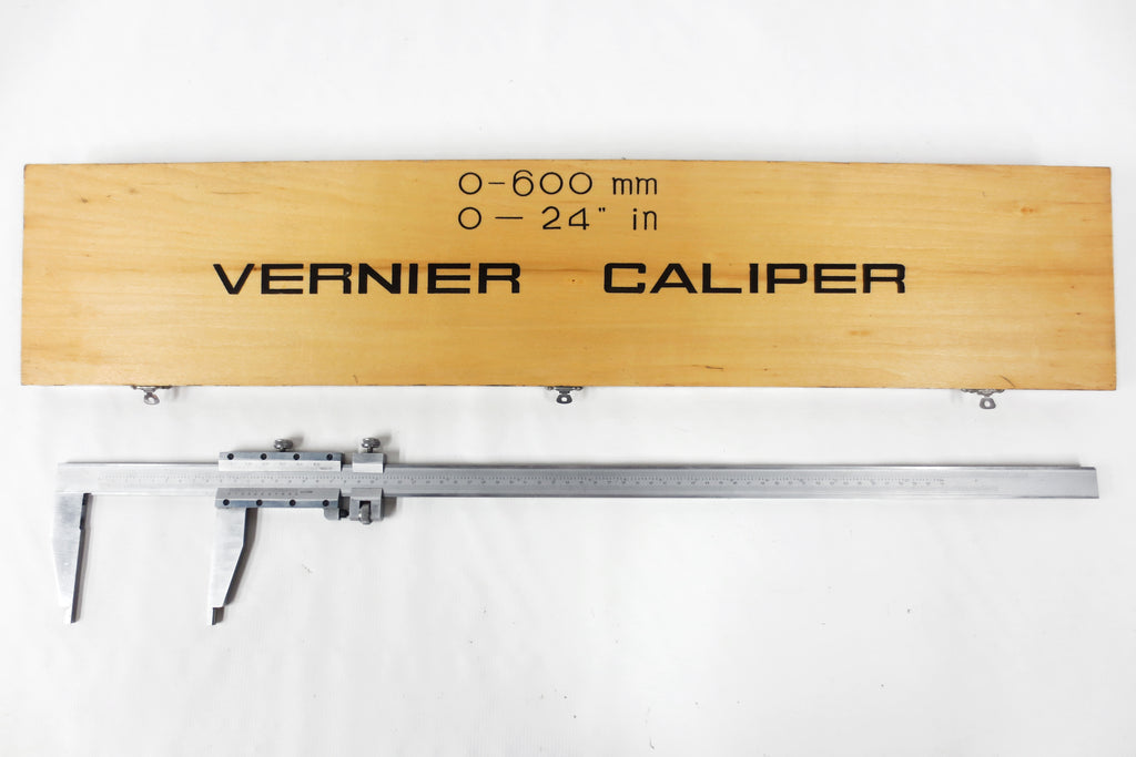 Vernier Caliper 0-24" in / 0-600 mm, Imperial & Metric, Maple Wood Box, Stainless Steel