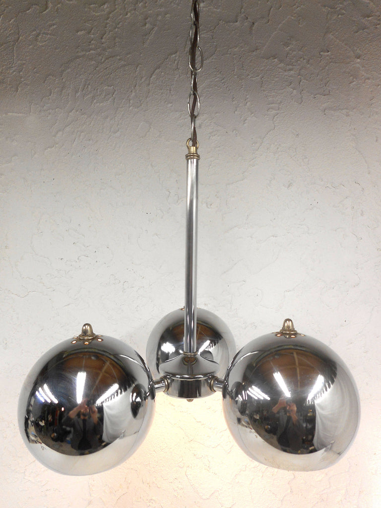 Mid Century Chrome Ceiling Light Fixture Chandelier 3 Feet, Atomic Age, 3 Swiveling Chrome Balls, Eames Reggiani Style