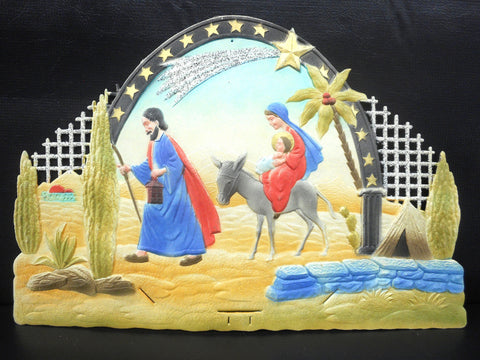 Vintage West German Christmas Display Cardboard Store Advertising, Joseph, Mary, Baby Jesus Travelling, Donkey, 18.75 X 12.5"