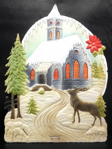 Vintage West German Christmas Display Cardboard Store Advertising, Church, Moose, Winter Scene, 12.75 X 17.5"