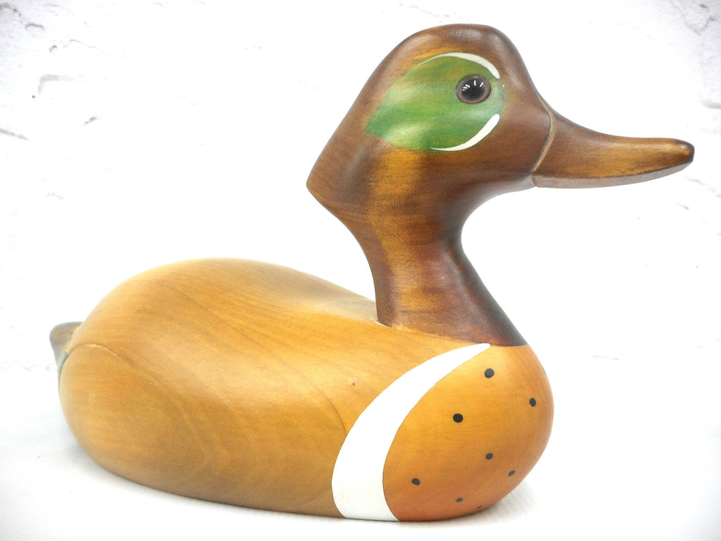 Vintage Wooden Hummel Waterloo Teal Duck 12" Solid Pine, Hand Carved in Canada, Green Eye Shadows