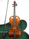 Antique Estate Violin with Bow and Wooden Case, Old Oil Varnish, Aubert Bridge, Poehland Rest, Signed Halus & Bodruger Luthiers