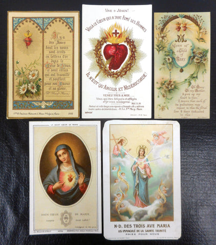 Lot of 5 Antique 1910's French Paris Religious Holly Prayer Cards Lithographs, Jesus and Mary Sacred Hearts, Saudinos, Boumard, Letaille,