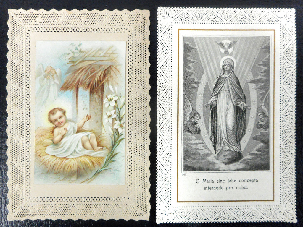 Lot of 2 Antique 1900's Religious Laced Prayer Cards Lithographs from Italy and Paris, Signed January 1st 1900, Mary Conceived without Sin