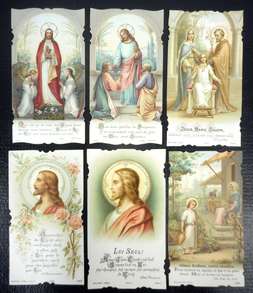 Lot of 6 Antique 1910's French Paris Religious Holly Prayer Cards Lithographs, Color & Gold Paint Details, Jesus Catholic Holly Scenes