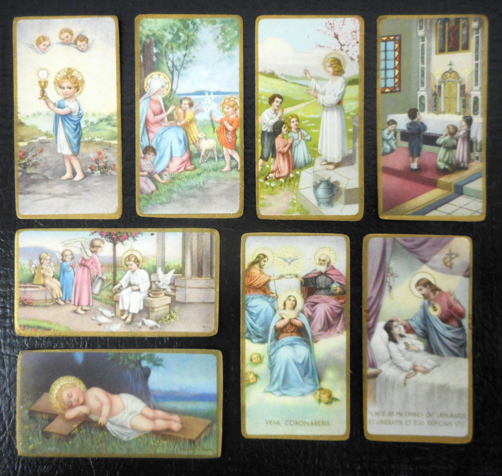 Lot of 8 Antique 1920's Religious Mini Cards Lithographs from Switzerland, Catholic Holly Scenes, Color and Gold Paint, Children