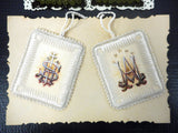 Lot of 4 Antique Hand Painted and Embroidered Necklaces, Silk Square Blocks, Catholic Pilgrimage, Mont Carmel, Gothic Churh Emblems