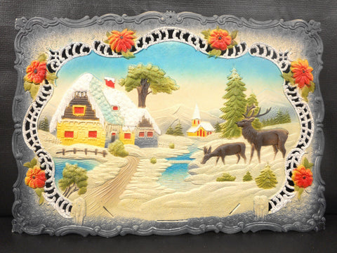 Vintage West German Christmas Display Cardboard Store Advertising, House, Moose and Church, 18.75 X 13"