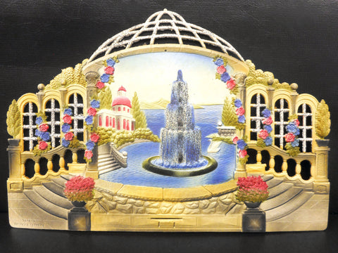 Vintage West German Courtyard Display Cardboard Store Advertising, Fountain, White Swan, Pillars, Pink and Blue Flowers, 18.5 X 12.5"