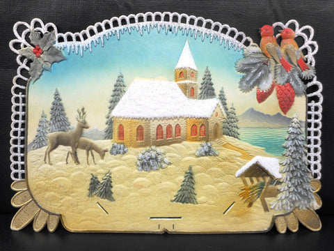 Vintage West German Christmas Display Cardboard Store Advertising, Deers, Birds, Church and Mistletoe, 18.5 X 12.75"