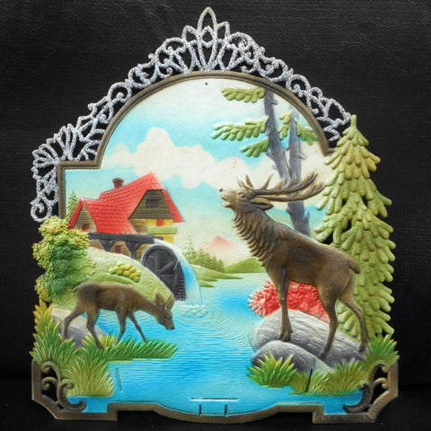 Vintage West German Nature Display Cardboard Store Advertising, Moose, Deer, Lake, Watermill and Moutain, 12 X 13.25"